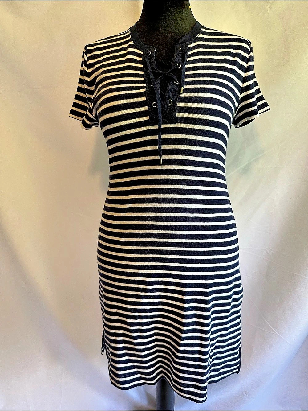 Chaps Petite Striped Lace Up Dress P/L Navy White Short Sleeve Nautical